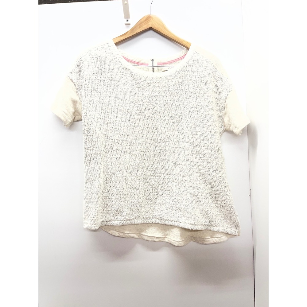 Ann Taylor LOFT Womens Medium Cream Marled Short Sleeve Back Zip Sweatshirt Top